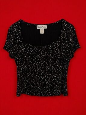 Ronni Nicole by Ouida Black Beaded Sparkle Top Small Vintage Y2K Evening Blouse